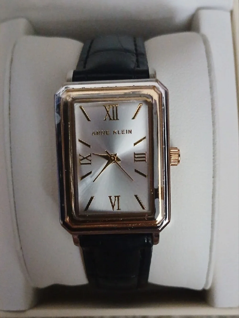 Anne Klein Rectangular Gold Tone Case Watch with Black Leather Strap